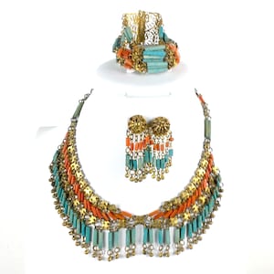 Attributed to Miriam Haskell Egyptian Revival Jewelry Set, Faience, Coral, Turquoise, Art Deco