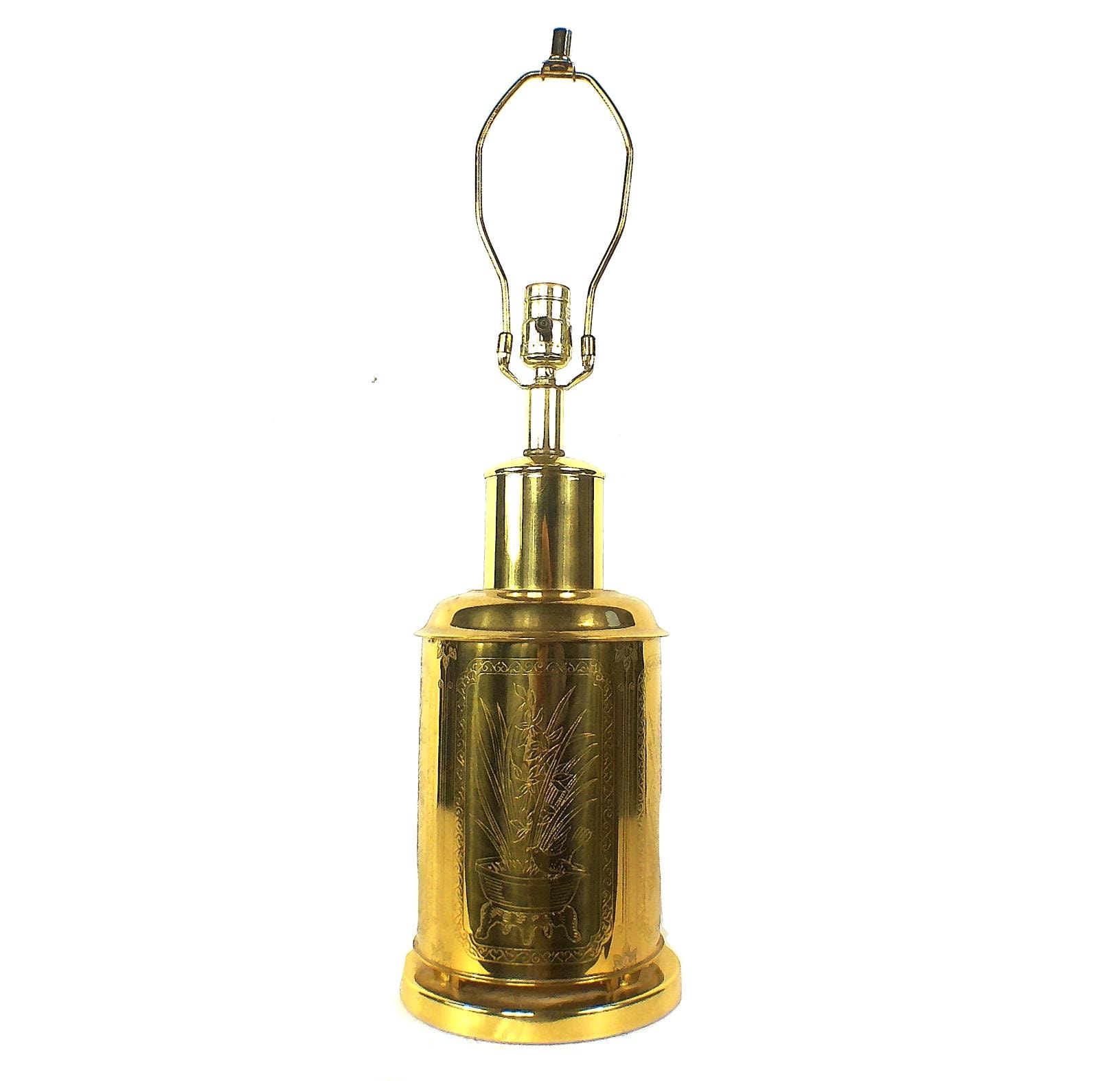 Chinese Vintage Frederick Cooper Gold Brass Floral Tea Canister Table Lamp, Grand Millennial Home Decor, Chinoiserie Chic, Asian Lighting