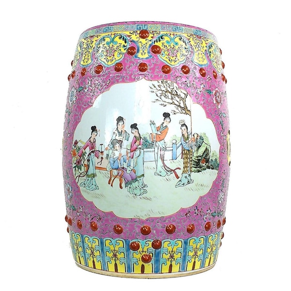 Chinoiserie 12" x 19" Pink Famille Rose Ceramic Garden Stool, Grand Millennial Home Decor