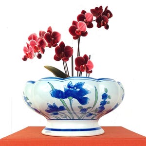 Chinese 5" x 10" Ceramic Planter, Blue & White Floral, Scalloped Edge