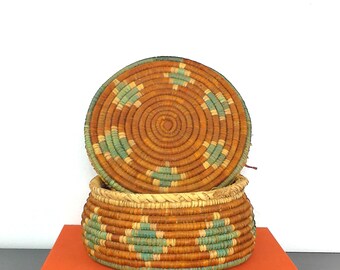 Navajo Large Polychrome Round Lidded Coil Storage Basket