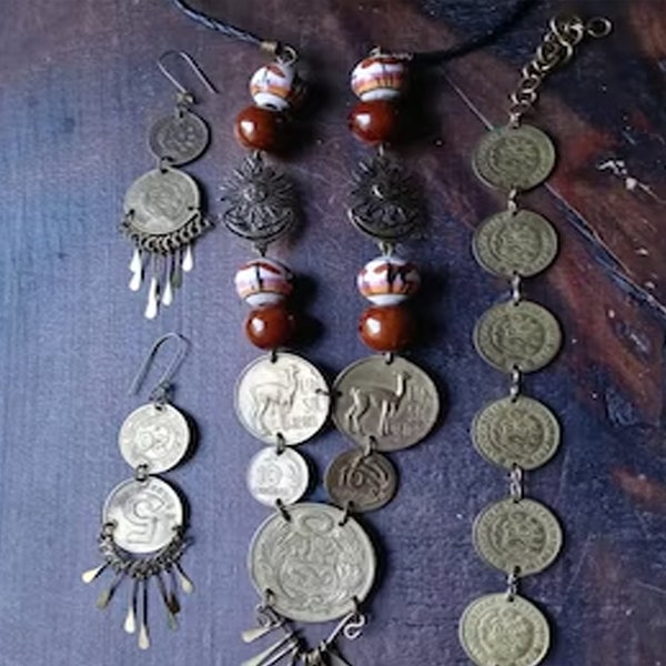 Peruvian Jewelry Set, Coin Beads, Upcycled, Statement Jewelry, Celestial, Gift For Her, Coin Bracelet, Coin Earrings, Latin Jewelry, Peru