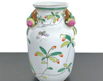 Vintage 9" Chinese Famille Rose Vase, Peaches & Butterflies, Chinoiserie Decor