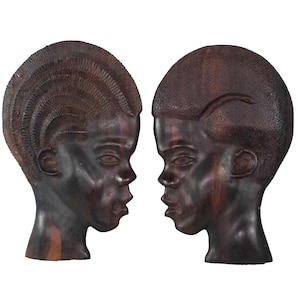 African Vintage Pair / Set of 2 Ebony Wood Couple Portrait Wall Hangings, African American, Bohemian, Gallery Wall, Mid-Century Black Art