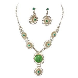 Czech Cannetille Green Glass Demi Parure, 1800s Art Nouveau Estate Jewelry