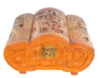 Vintage Chinoiserie Carved Wood Jewelry Box - Keepsake, Grand Millennial Decor, Asian
