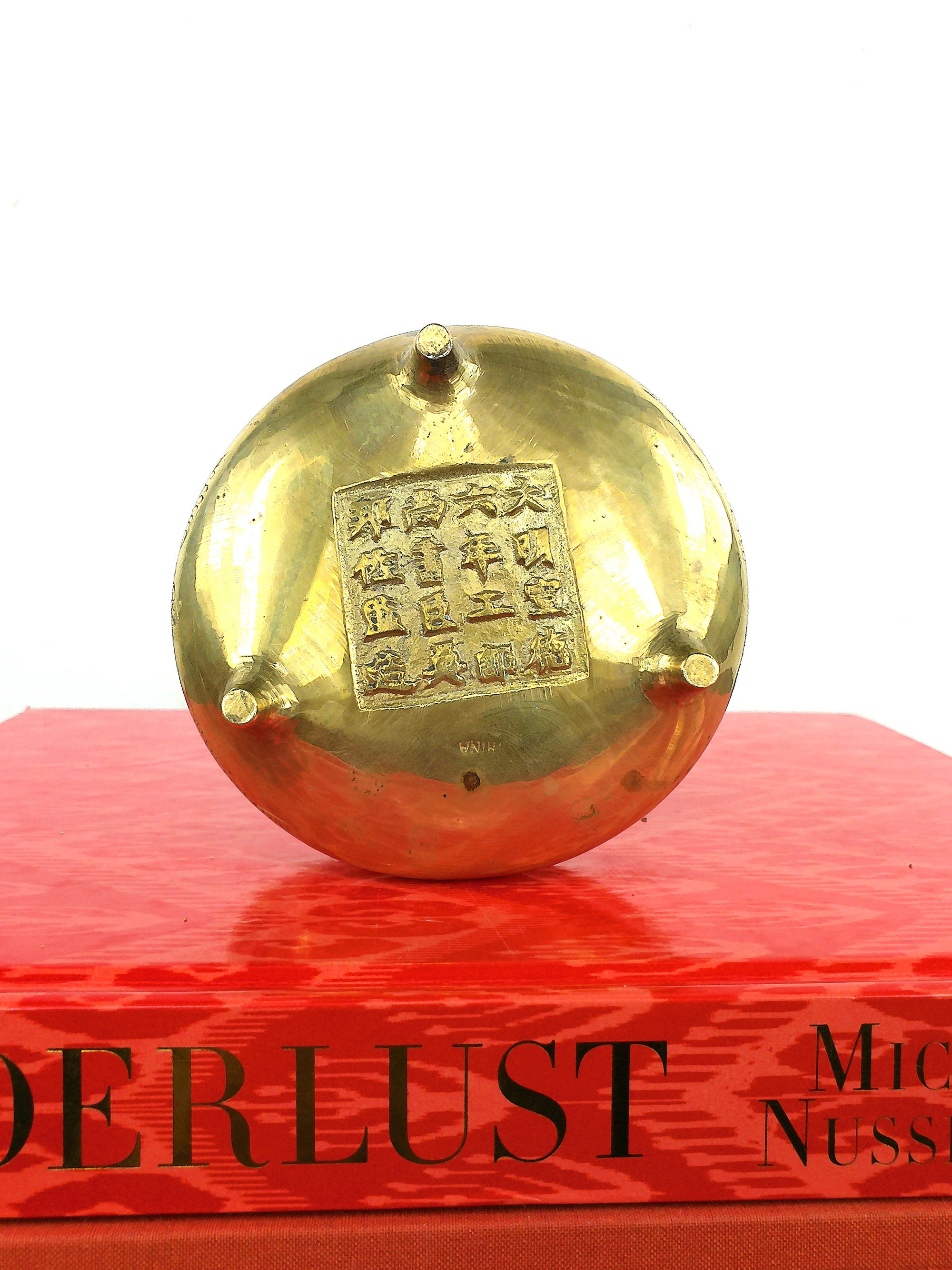 Chinese Export Small Antique Etched Brass Tripod Censer With