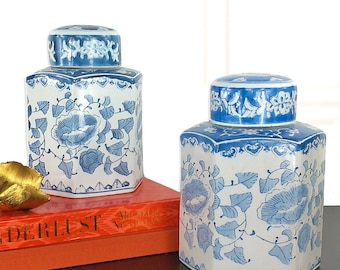 Vintage Pair of Blue & White Ginger Jars, Tea Caddy, Chinoiserie, Floral, Grand Millennial, 9"