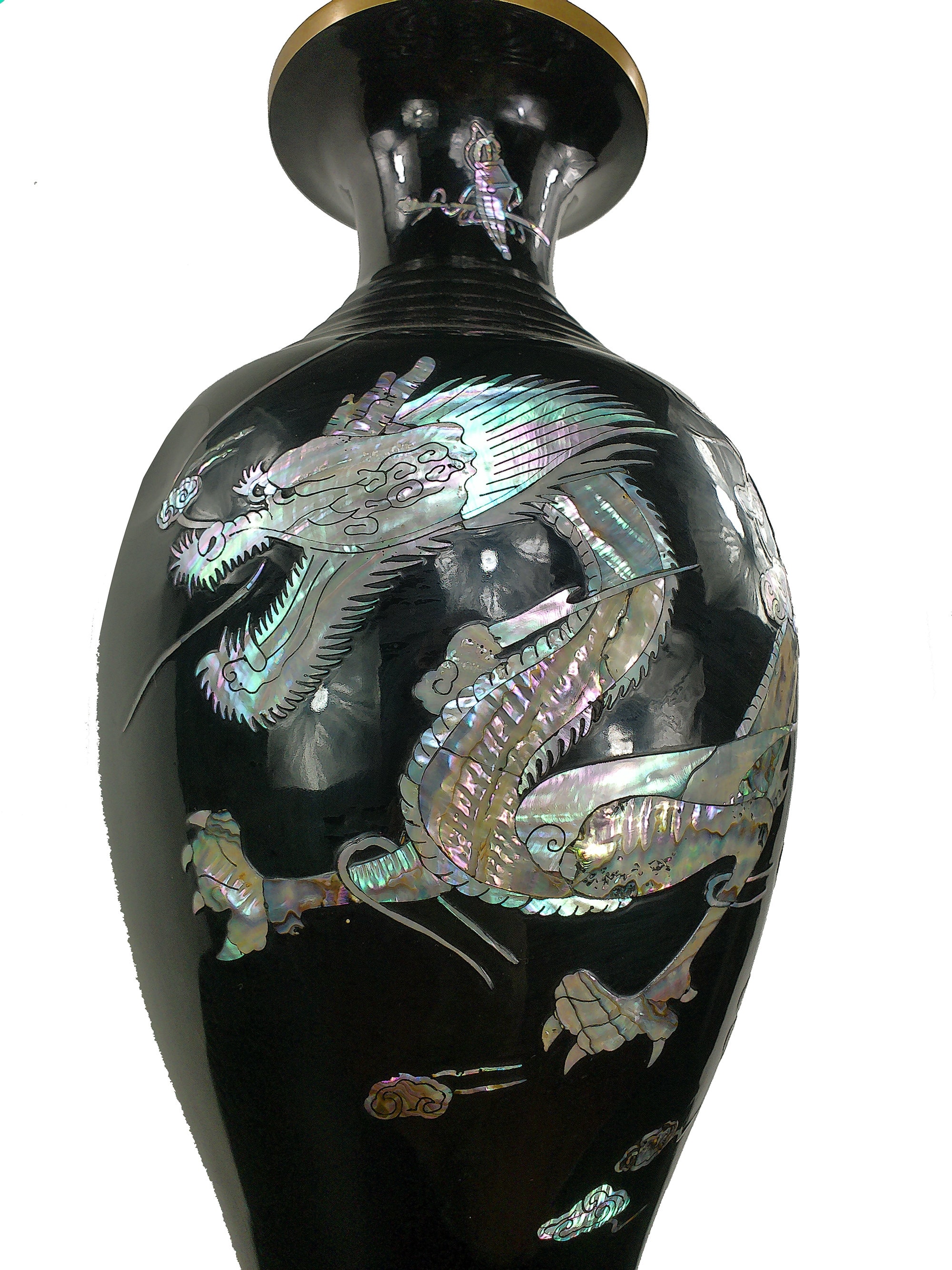 【激レア!】Dora Maar Vase in Black ハンドメイド彫刻 壺 Mother of Pearl Floral Inlay Vintage Korean Brass and Black