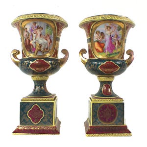 Antique 12" Pair Of Royal Vienna Porcelain Urns, Angelica Kauffman, Gilt, Rococo Decor image 2