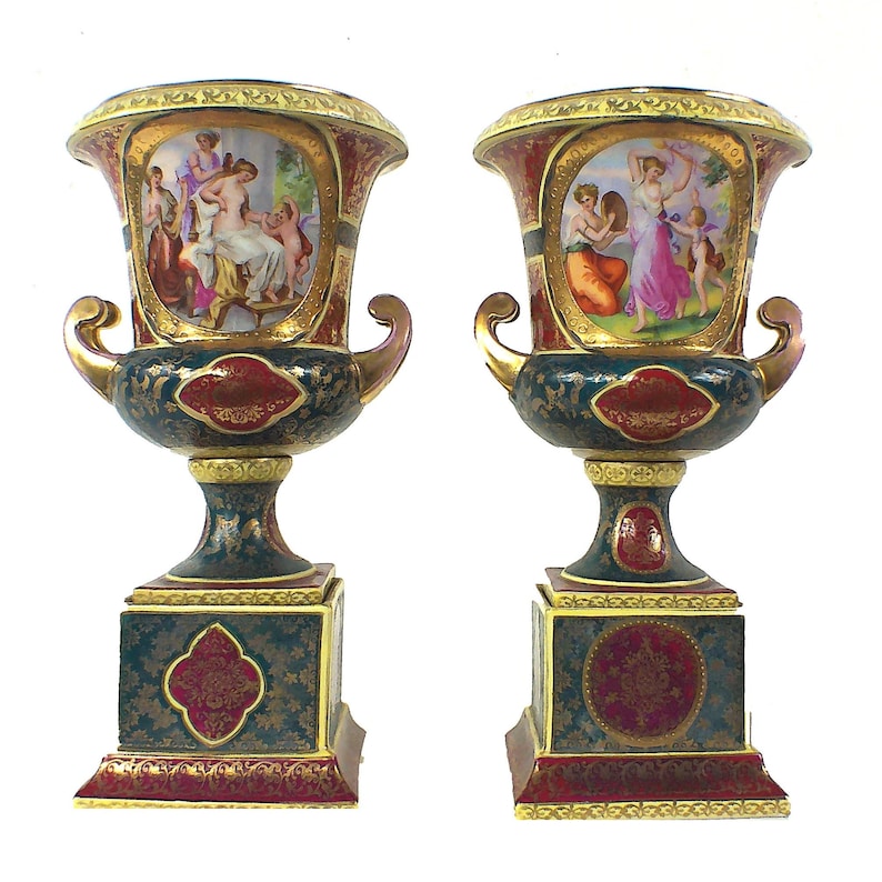 Antique 12" Pair Of Royal Vienna Porcelain Urns, Angelica Kauffman, Gilt, Rococo Decor image 2