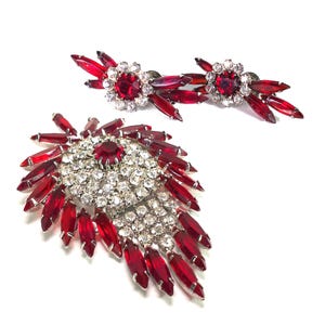 Vintage Kramer Of New York Faux Ruby Rhinestone Brooch and Clip-On Earrings Set, Estate