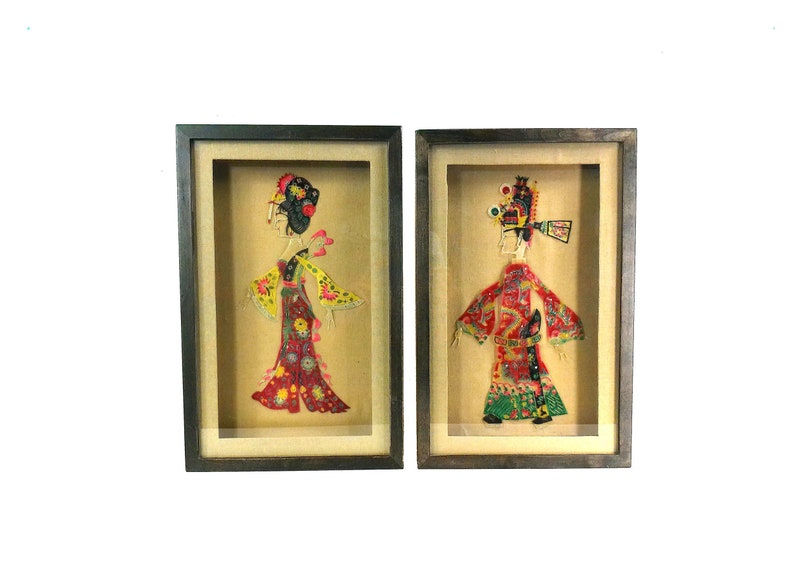 Chinese Pair of Wax Paper Cuttings, Set of 2 Framed Rare Pi Ying Xi