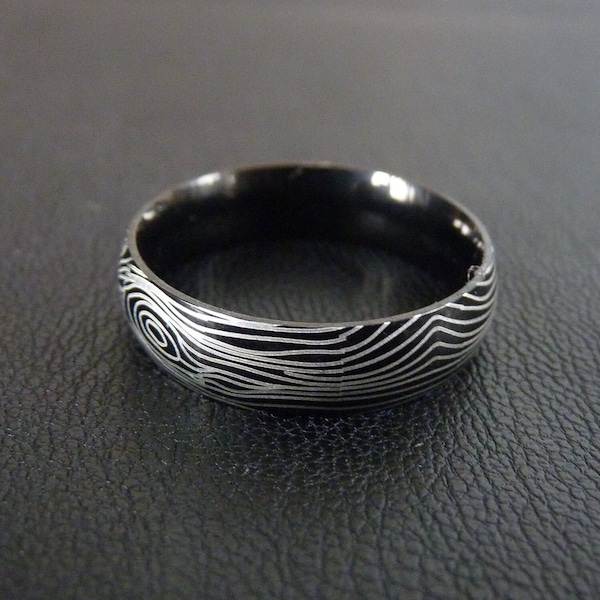 Damascus Black Ring - Distinctive Silver Topographic Pattern - Mens Jewellery - Stainless Steel Jewellery - Black Friday Sale