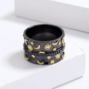 Black and Gold Celestial Ring | Wide Band Sun, Moon, and Stars Ring | Dark Mystical Stacking Ring | Statement Jewellery