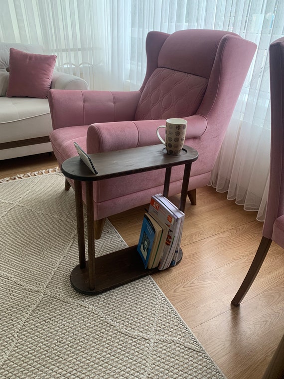 Solid Wood Narrow Side Table: Slim Living Room Two Tier End Table with Storage, Space Saver Coffee Tables Organizer
