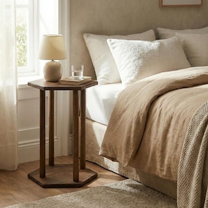 Walnut Hexagon End Side Table: Mid-Century Modern Bedside Two Tier Coffee Tables Stand for Sofa