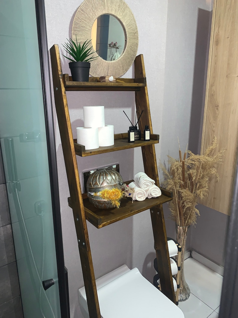 Over the Toilet Ladder Shelf Wooden Shelf Bathroom Storage Etsy