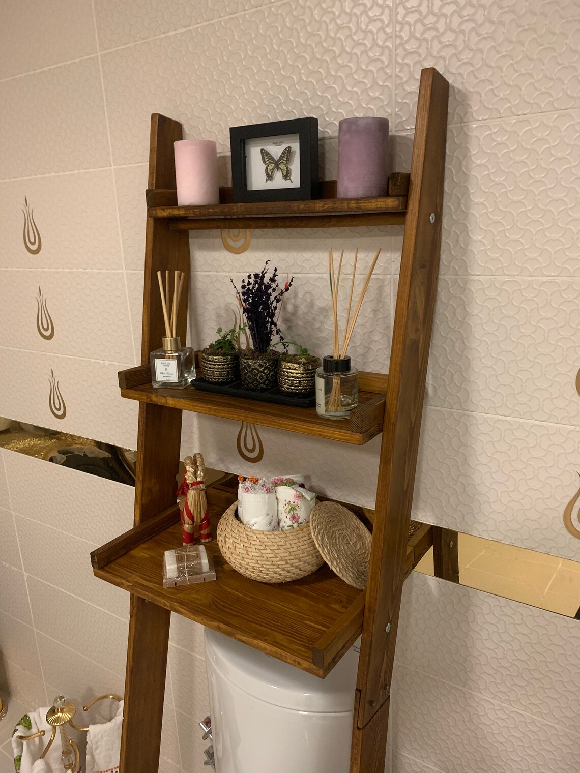 Walnut Over the Toilet Ladder Shelf Wood Shelf Bathroom Etsy