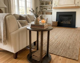 Solid Wood Round End Side Table: Unique Two Tier Coffee Tables for Sofa