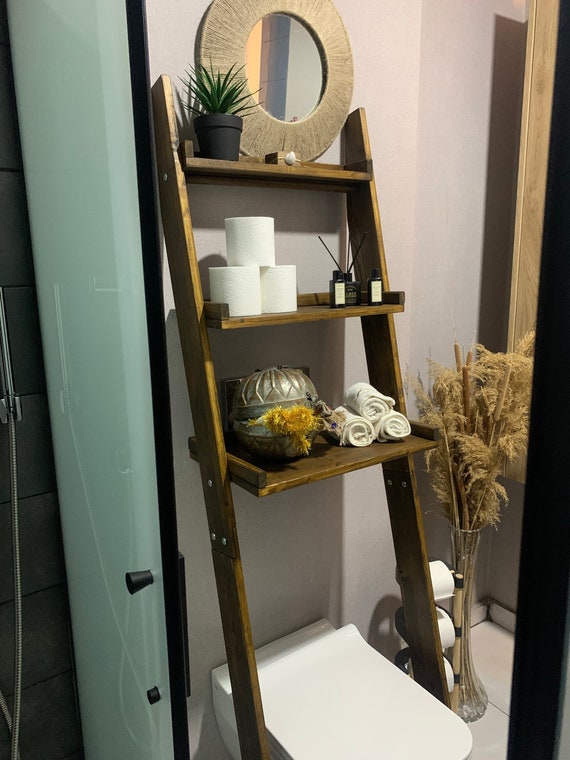 Walnut Over the Toilet Ladder Shelf, Wood Shelf, Bathroom Storage