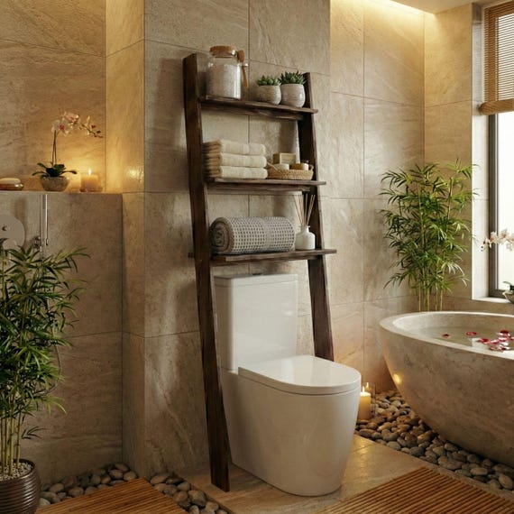 Over-the-Toilet Ladder Shelf: Bathroom Storage Above Tolilet Bath Back Shelving Organizator