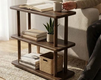 Narrow Solid Wood 3 Tier End Side Table: Space Save Slim Book Organizer Storage Tables, Small Spaces Coffee Table for Sofa