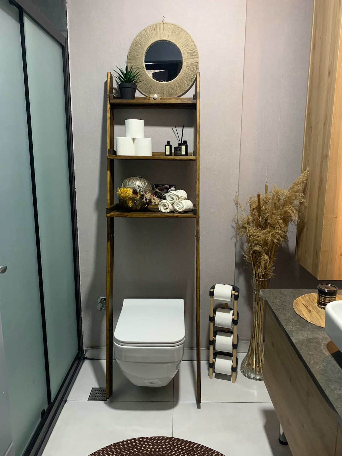 Walnut Over the Toilet Ladder Shelf Wood Shelf Bathroom Etsy