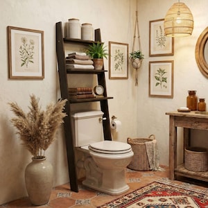 Wooden Over the Toilet Ladder Shelf, Bathroom Space Save Organizer Leaning Storage