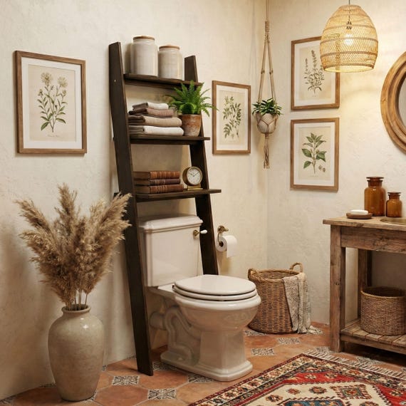 Wooden Over the Toilet Ladder Shelf: Bathroom Space Save Organizer Leaning Storage