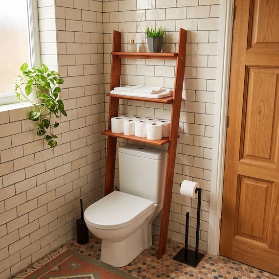 Hölzern über die Toilettenleiter Regal, Badezimmer Space Save Organizer Leaning Lagerung