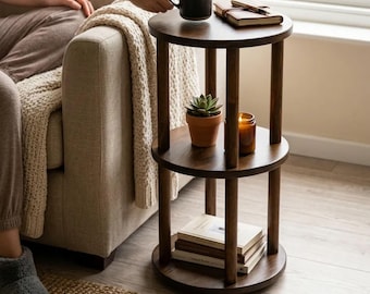 Round End Side Table: Solid Wood Unique Three Tier Coffee Tables for Sofa