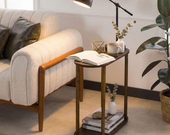 Narrow Solid Wood End Side Table: Space Save Slim Living Room Tables for Livingroom