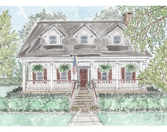 Custom Home Portrait in Watercolor & Ink, Hand Painted | Home Portrait | Real Estate Closing Gift | Original Art | Watercolor Home