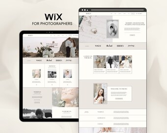 Könnte beinhalten: Ein Screenshot einer Website, der ein Wix-Website-Template für Fotografen zeigt. Das Template hat ein modernes und minimalistisches Design mit dem Fokus auf die Präsentation von Hochzeitsfotografie. Die Website beinhaltet einen Blog, ein Portfolio und ein Kontaktformular.