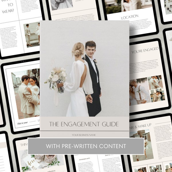 Guide de style pour une séance d'engagement client moderne CANVA avec contenu, guide de séance pour couple pré-rédigé, quoi porter, modèle de magazine modifiable