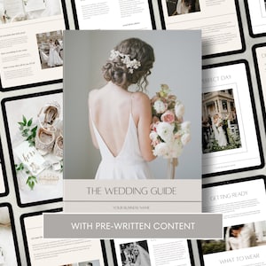 May include: A wedding guide with pre-written content. The cover features a bride in a white dress holding a bouquet of flowers. The text "The Wedding Guide" and "With Pre-Written Content" is displayed on the cover.