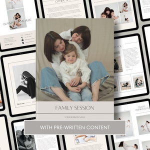 May include: A digital product mockup showing a family photo session layout on multiple tablets. The central image shows a mother and child. Text includes "Family Session" and "With Pre-written Content."