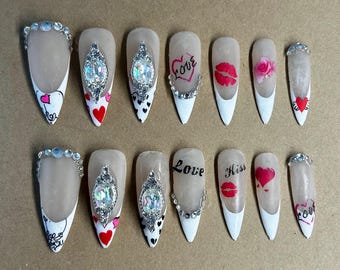 Hearts and Kisses Valentines Press On Nails