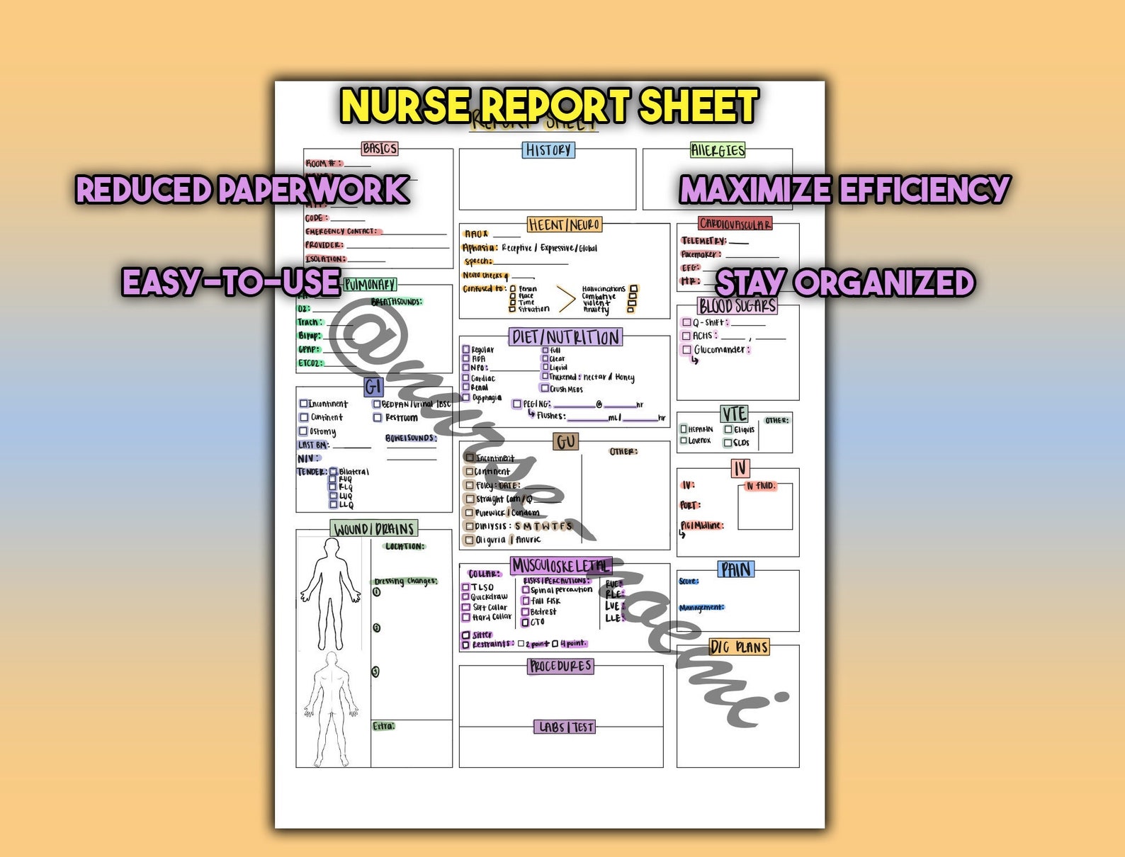 Printable Nursing Report Sheet, Nurse Brain Sheet/med Surg Brain Sheet
