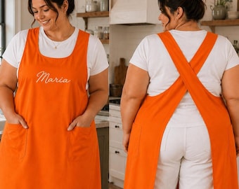 Personalized Japanese Cross Back Apron, 100% Cotton Workwear, Sizes XL-8XL
