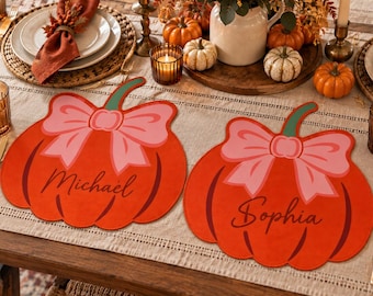 Personalized Pumpkin Placemats, Shaped Cotton Dining Table Mat (Set of 2, 4, 6, 8)