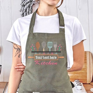 Bestickte handgemachte personalisierte Schürze für Frauen - kundenspezifische Kochschürzen Farben - bestickte Baumwollschürze