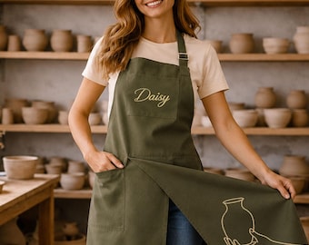 Professional Pottery Apron, Custom Embroidered Artist Smock, Split Leg Cotton Canvas Pinafore