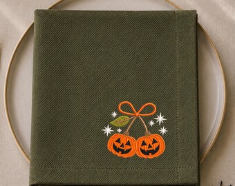 Custom Embroidered Pumpkin Cotton Napkins, Personalized Name Halloween Dinner Table Linens