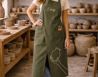 Custom Embroidered Cotton Canvas Split-Leg Artist Apron, Pottery Studio Wear