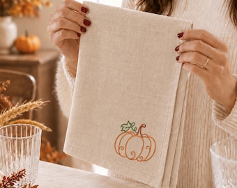 Custom Pumpkin Embroidered Linen Napkins, Reusable Fall Table Linens