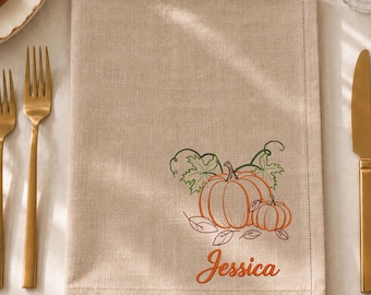 Personalized Embroidered Pumpkin Cotton Napkins, Fall Thanksgiving Harvest Table Linen Decor