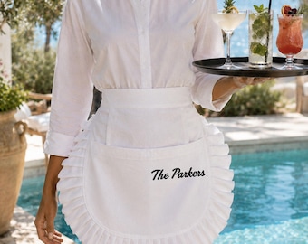 Embroidered Ruffled Cocktail Waist Apron with Pockets, Custom Short Half Server Bartender Uniform