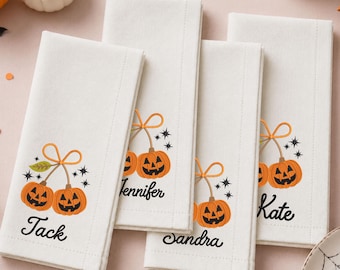 Custom Embroidered Pumpkin Cotton Napkins, Personalized Name Halloween Dinner Table Linens